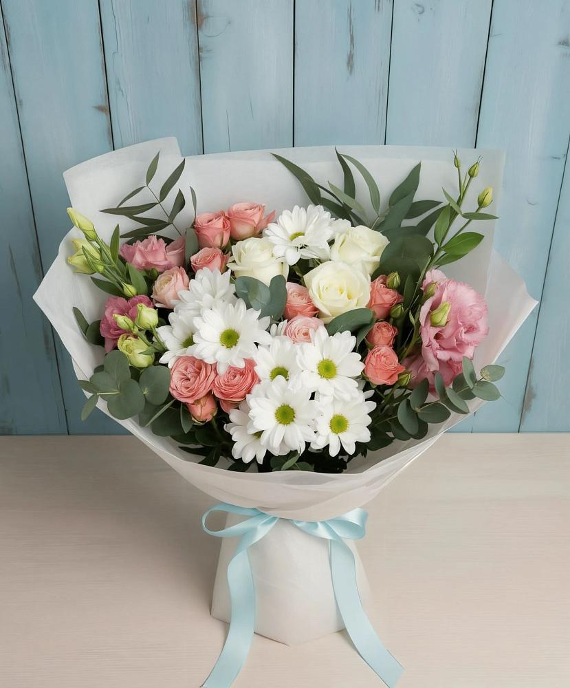 Букет цветов из: Розы, Лизиантусы и Хризантемы в Юргамыш