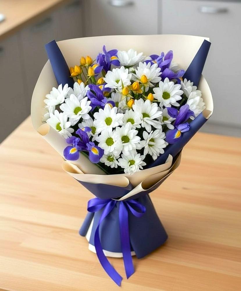 Букет цветов из: Розы, Ирисы и Хризантемы в Юргамыш