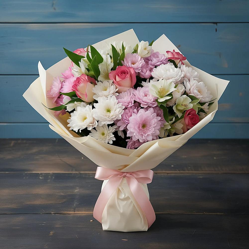 Букет цветов из: Хризантемы, Альстромерии и Розы в Юргамыш